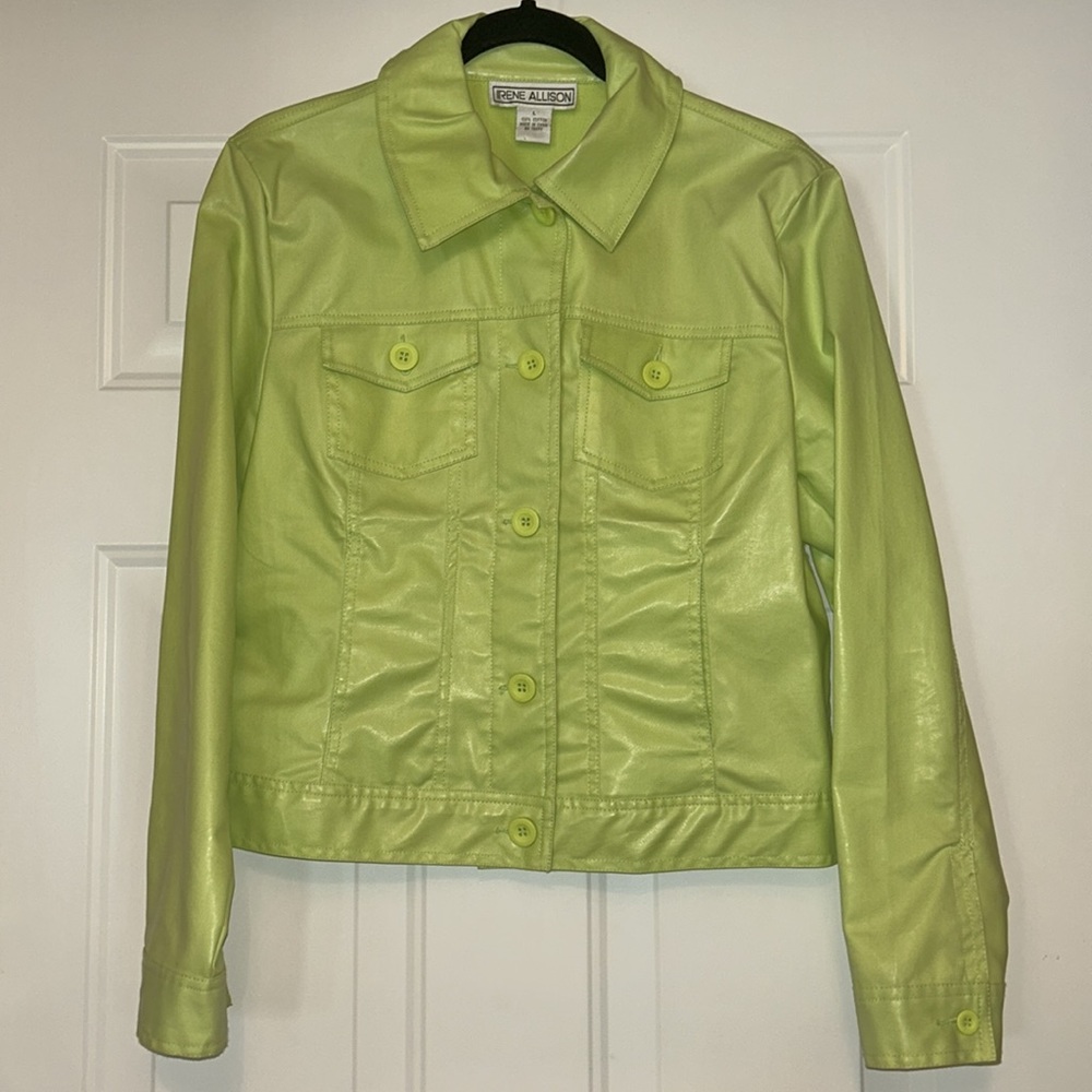 Irene Allison Full Zip Jacket L Green Sheen Cotton Lightweight Spring Casual
